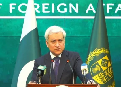 Pakistan Foreign Office spokesperson Tahir Hussain Andrabi speaks at a media briefing in Islamabad.