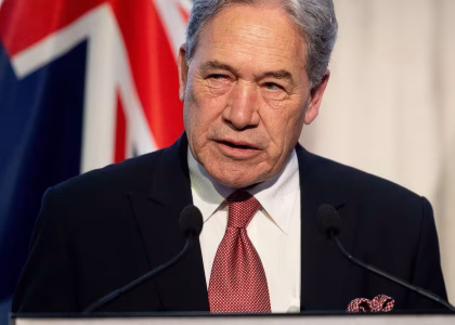 New Zealand Foreign Minister Winston Peters and Philippine Foreign Secretary Theresa Lazaro shaking hands in Manila.