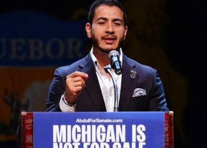 Abdul El-Sayed speaks to supporters after winning the Democratic Senate primary in Michigan.