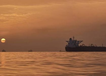 Oil tanker traffic near a strategic maritime chokepoint.