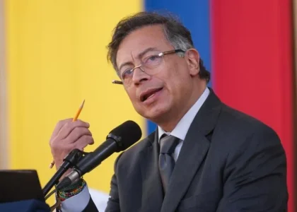 Colombian President Gustavo Petro speaks during a press conference at the presidential palace in Bogotá.