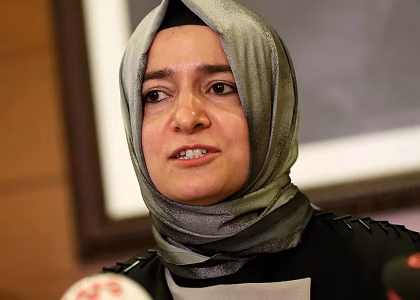 Fatma Betül Sayan Kaya speaks at a news conference in Istanbul.